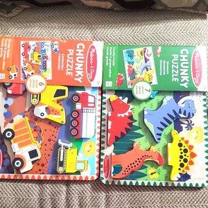 : Lot of 2 Melissa and Doug Chunky Puzzle- Dinosaurs & construction trucks